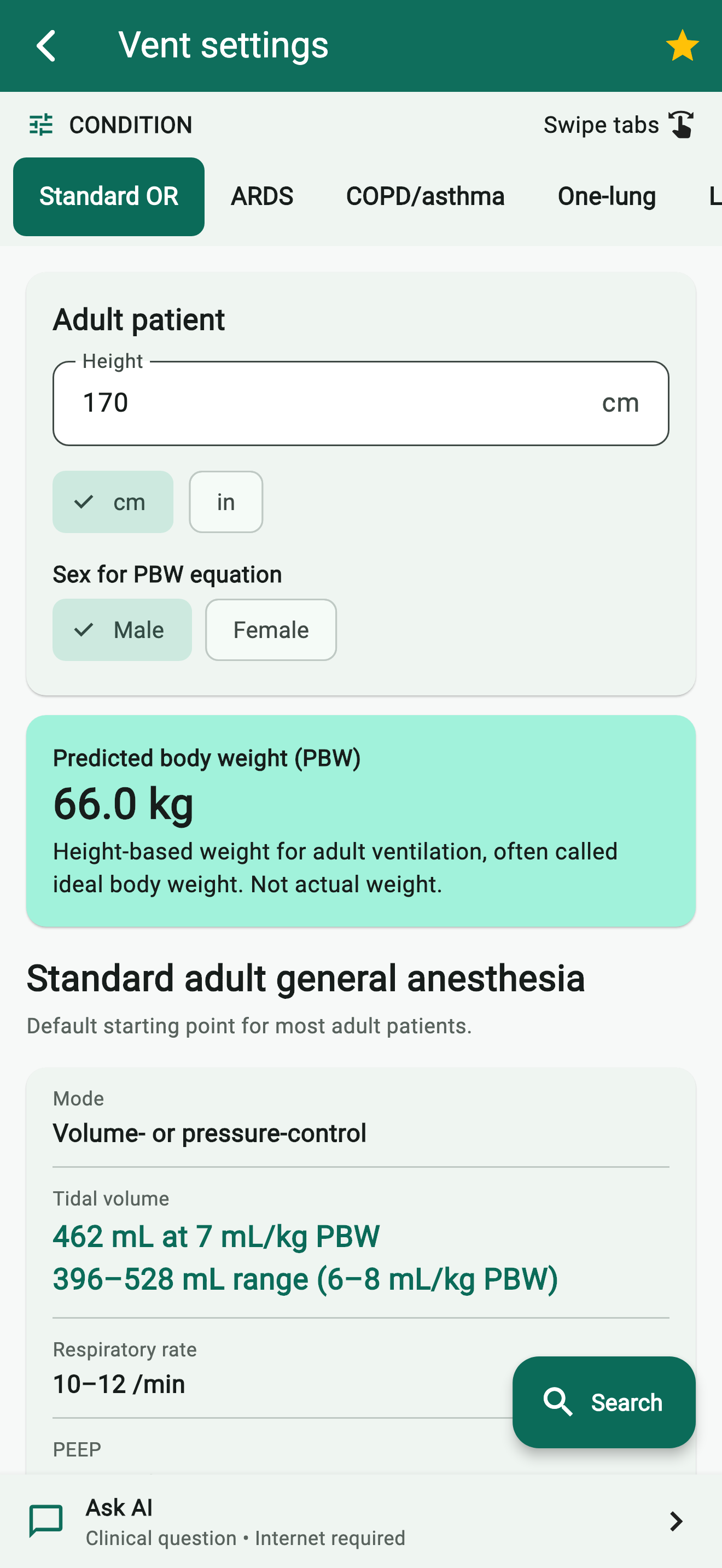 GlottaVue adult ventilator tool showing height and sex inputs and predicted body weight